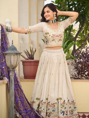 Elegant Off-White Sequnis Silk Lehenga Choli With Purple Dupatta 