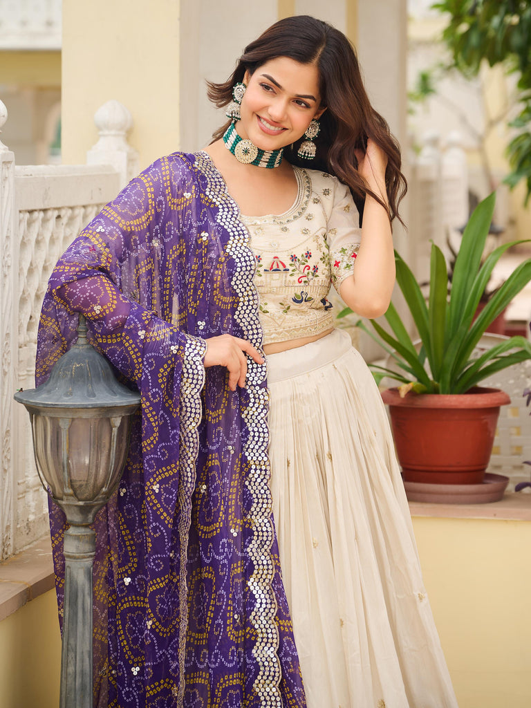 Elegant Off-White Sequnis Silk Lehenga Choli With Purple Dupatta 