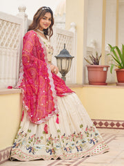 Classic Off-White Sequnis Silk Lehenga Choli With Pink Dupatta 