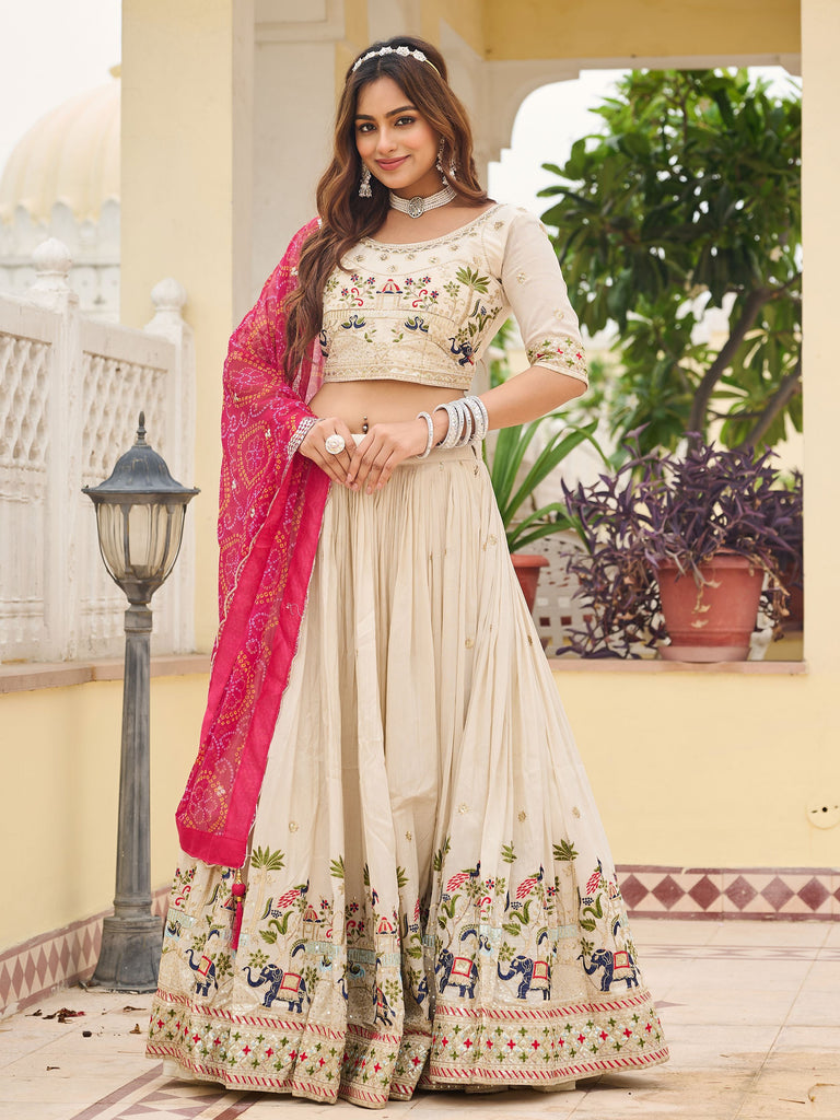 Classic Off-White Sequnis Silk Lehenga Choli With Pink Dupatta 