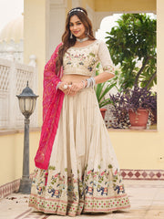 Classic Off-White Sequnis Silk Lehenga Choli With Pink Dupatta 