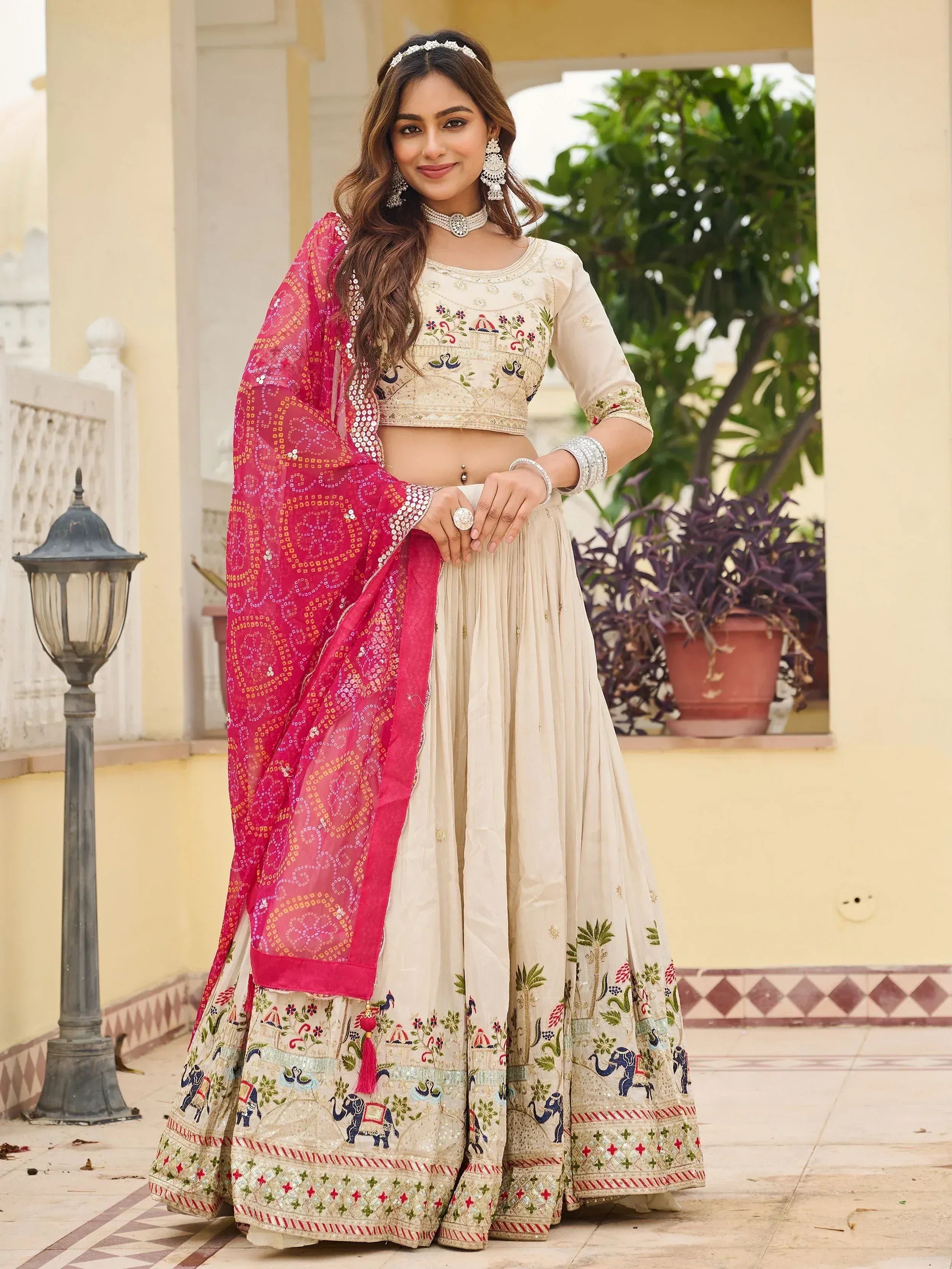 Classic Off-White Sequnis Silk Lehenga Choli With Pink Dupatta 