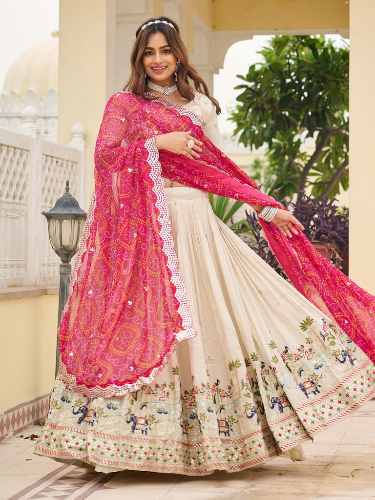 Classic Off-White Sequnis Silk Lehenga Choli With Pink Dupatta 