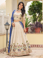 Graceful Off-White Sequnis Silk Lehenga Choli With Blue Dupatta 