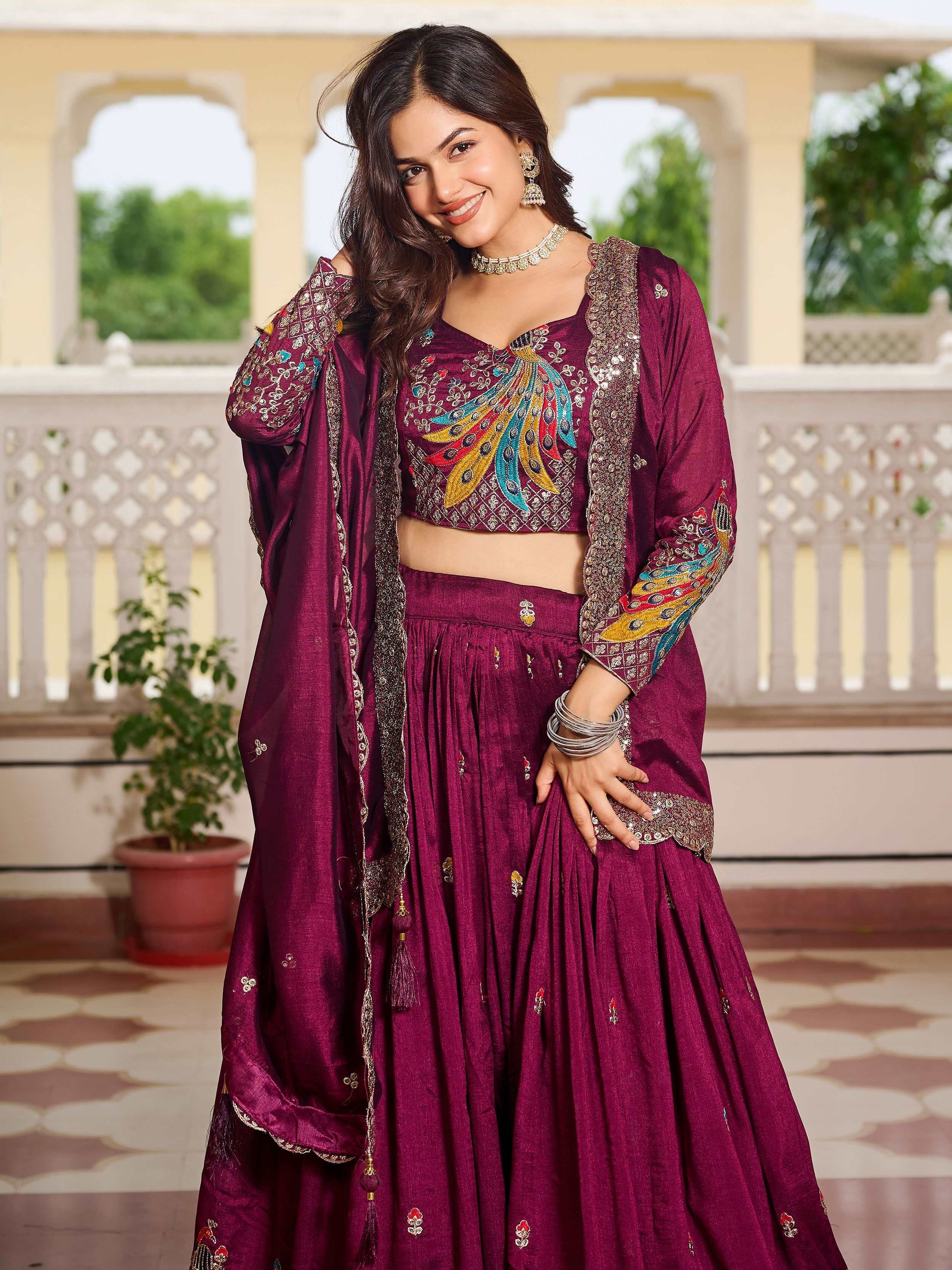 Attractive Wine Thread Embroidered Silk Lehenga Choli With Dupatta