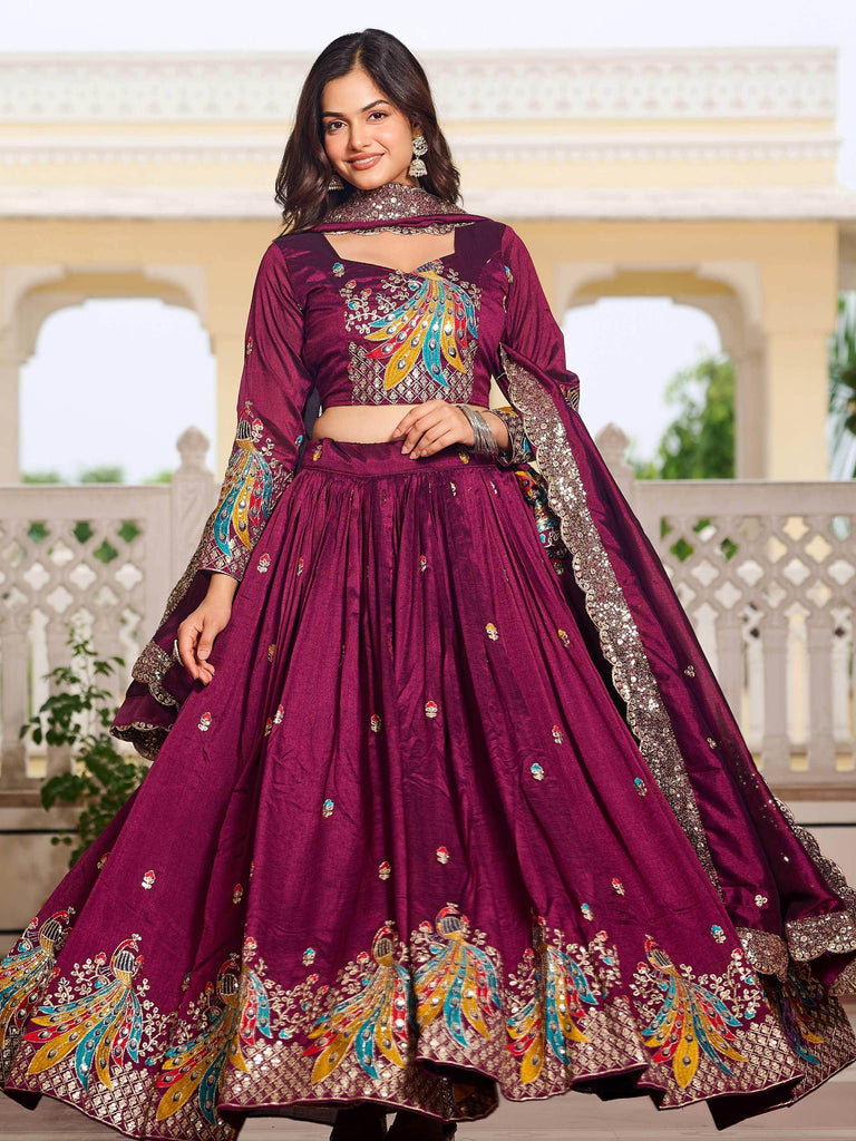 Attractive Wine Thread Embroidered Silk Lehenga Choli With Dupatta