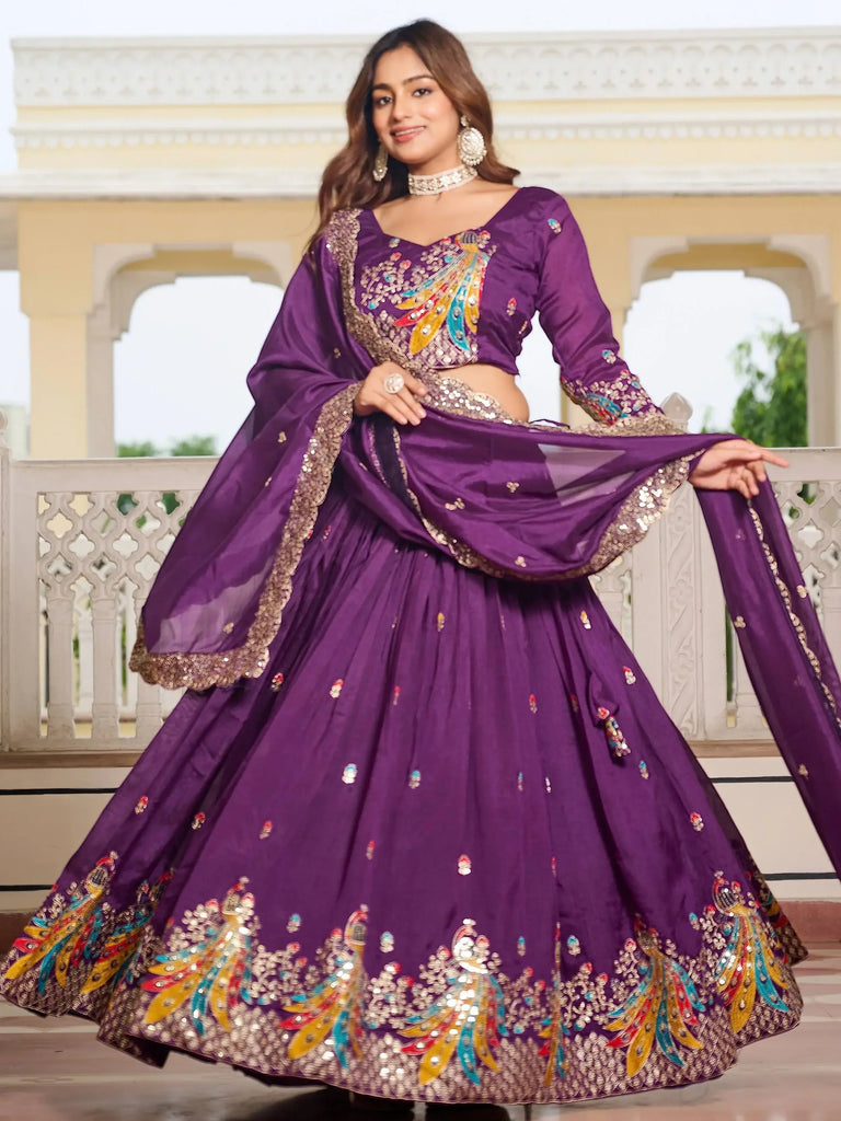 Tantalizing Purple Silk Sequins Lehenga Choli With Dupatta