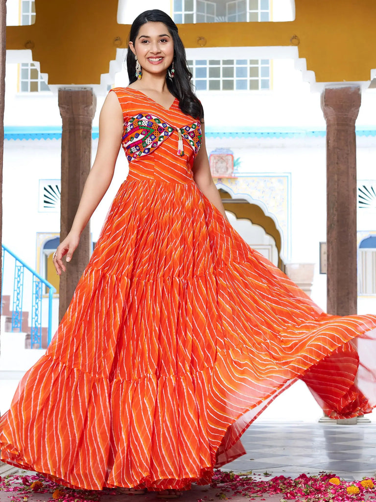 Glamorous Orange Leheriya Print Georgette Traditional Gown