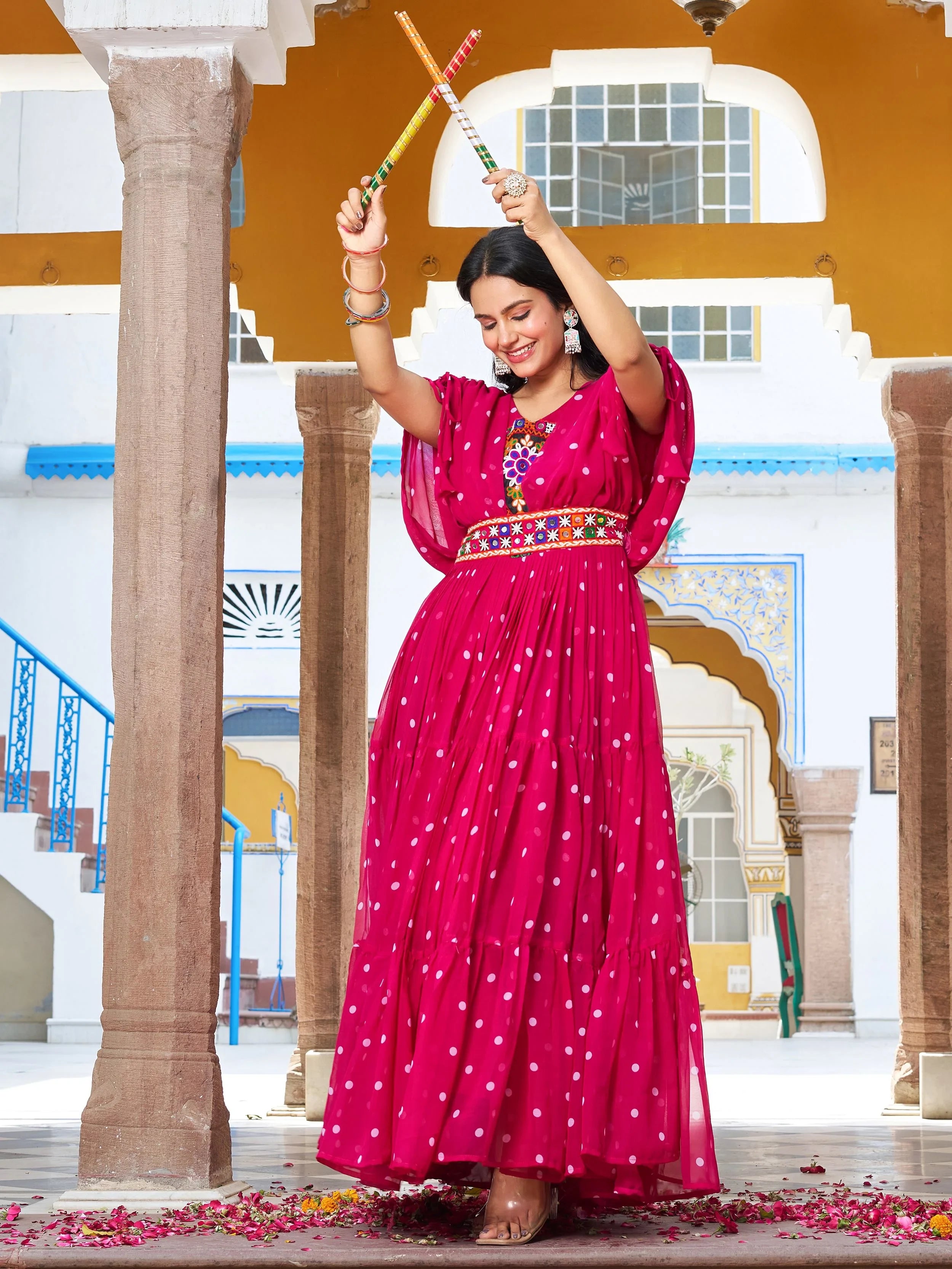 Alluring Pink Georgette Gamthi Work Navratri Wear Gown
