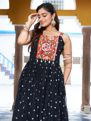 Chic Black Georgette Mirror Work Navratri Wear Gown