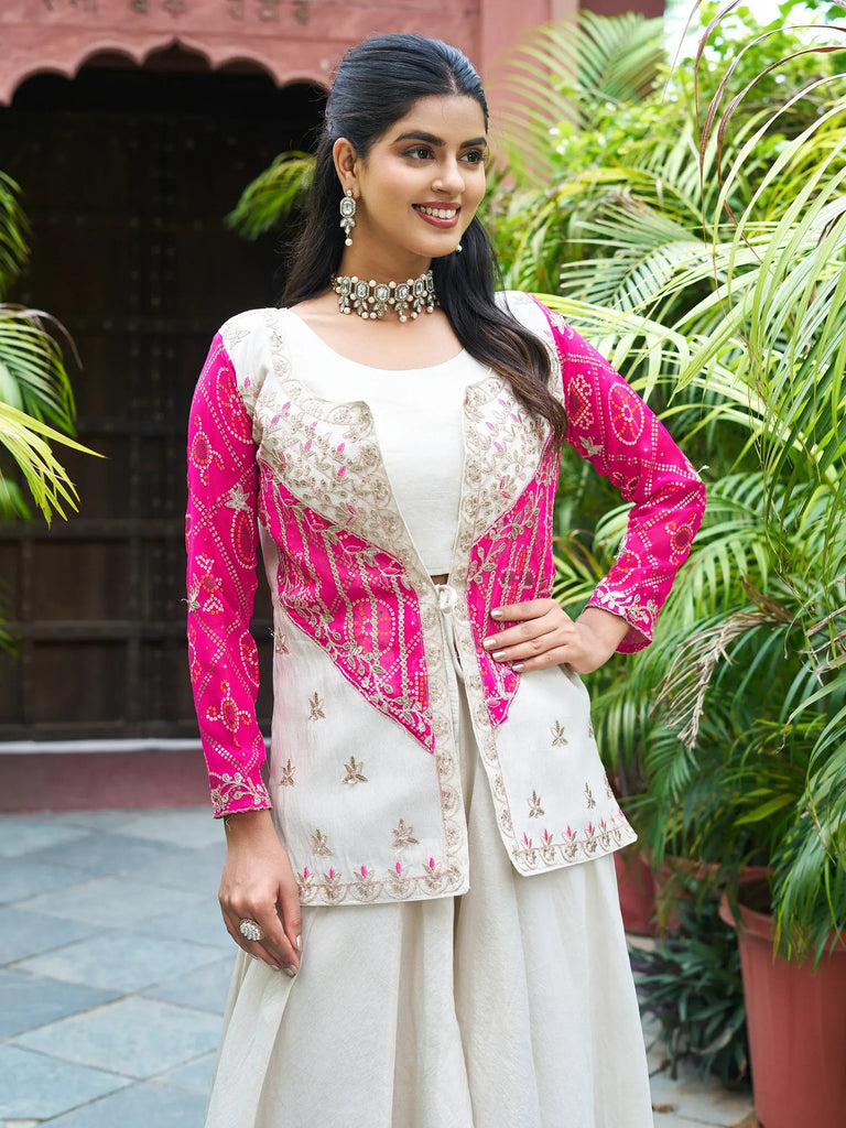 Dazzling Pink Thread Embroidered Organza Crop Top Palazzo With Jacket
