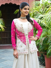 Dazzling Pink Thread Embroidered Organza Crop Top Palazzo With Jacket