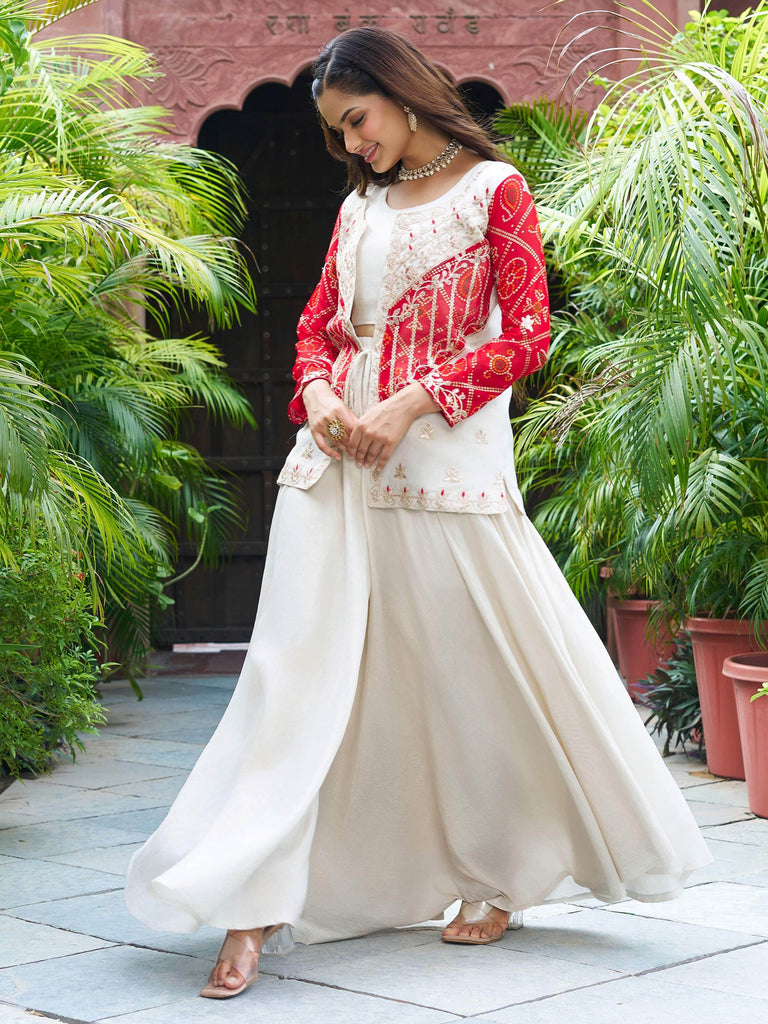 Lovable Red Organza Bandhani Print Crop Top Palazzo With Jacket