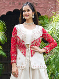 Lovable Red Organza Bandhani Print Crop Top Palazzo With Jacket