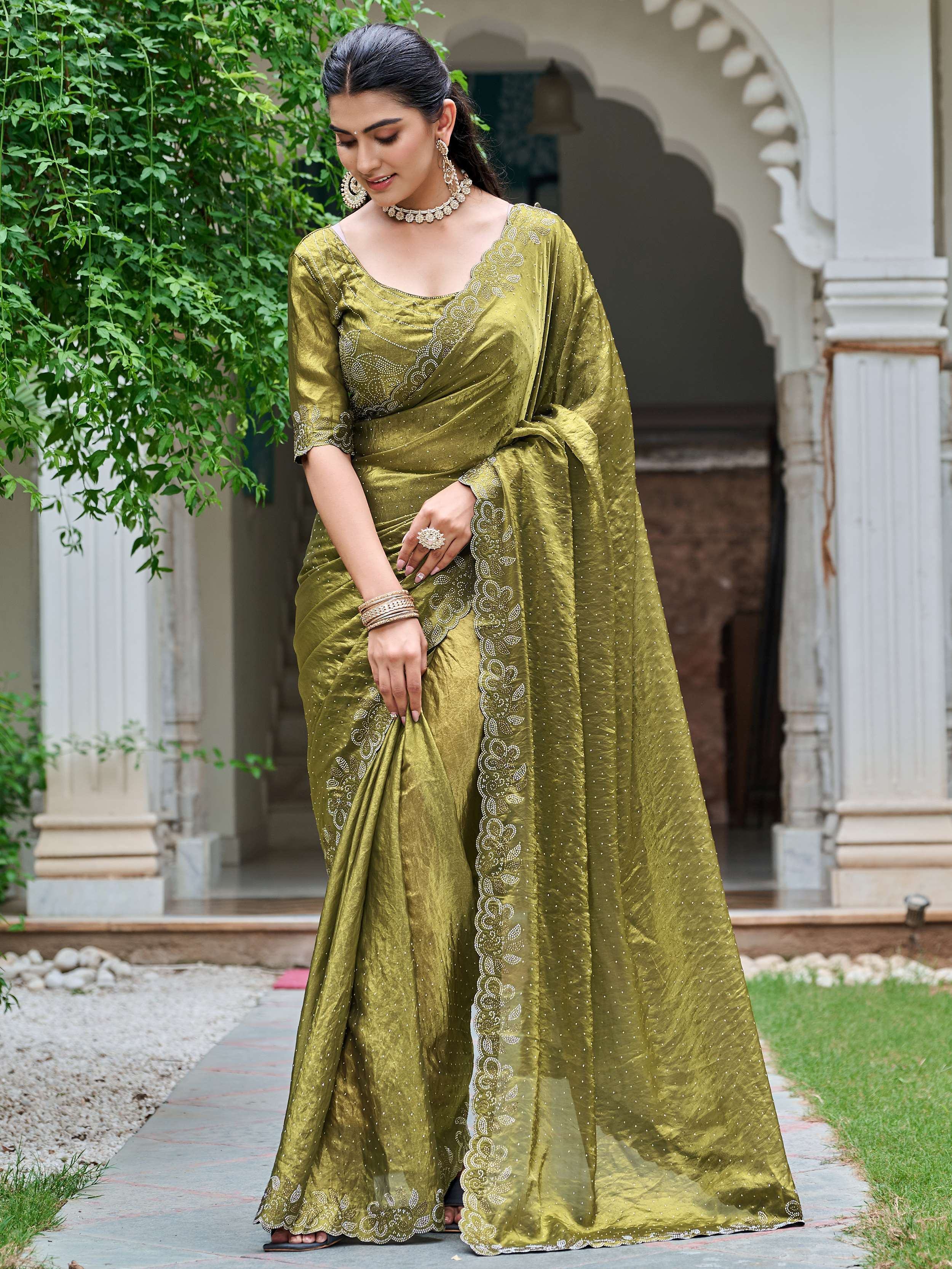 Glamorous Green Silk Diamond Work Mehendi Wear Saree With Blouse