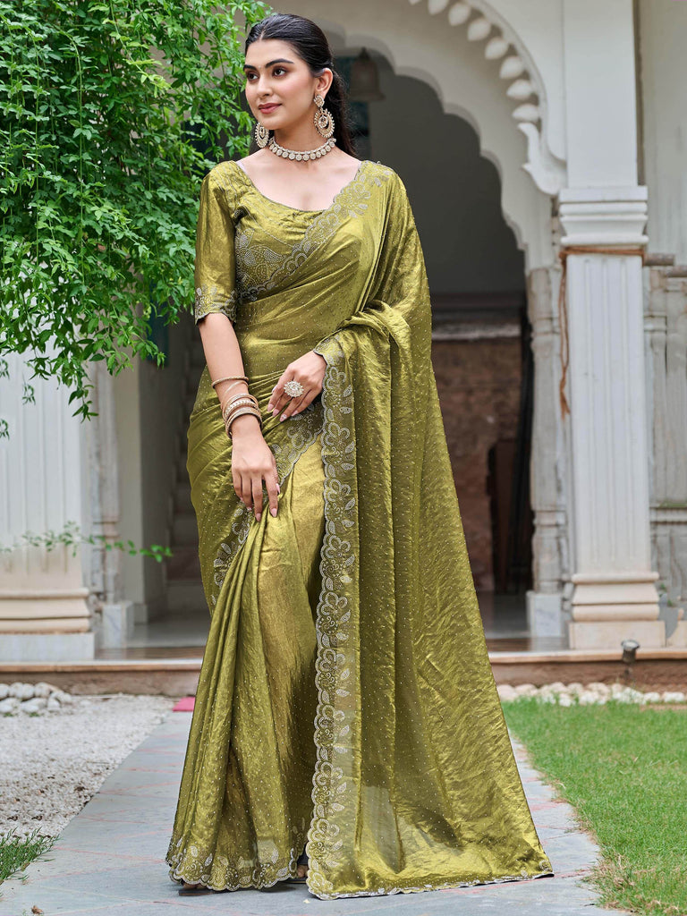 Glamorous Green Silk Diamond Work Mehendi Wear Saree With Blouse