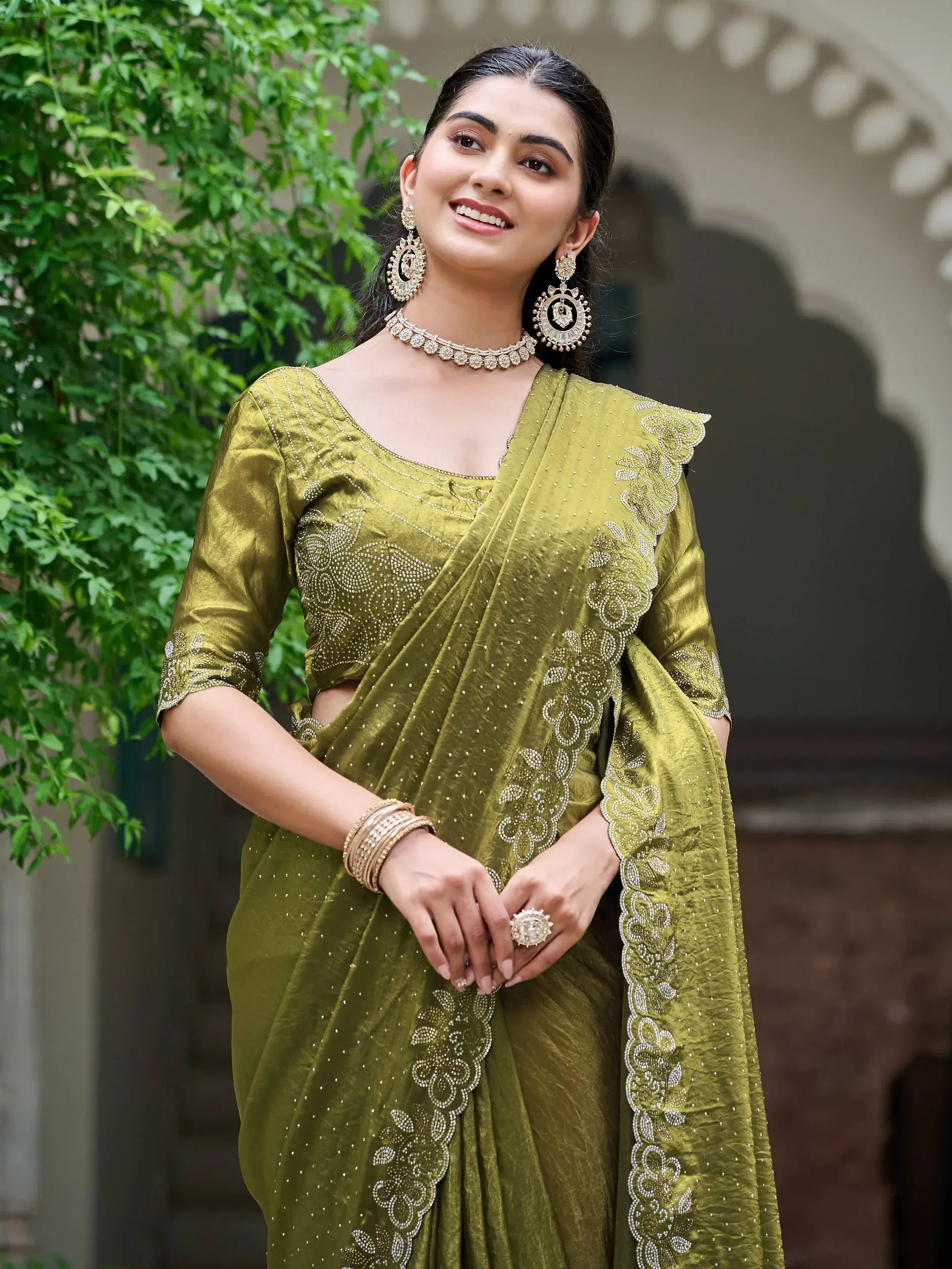 Olive green embroidered saree with blouse, perfect for Indian ethnic occasions and weddings