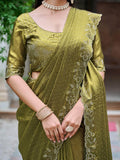 Glamorous Green Silk Diamond Work Mehendi Wear Saree With Blouse