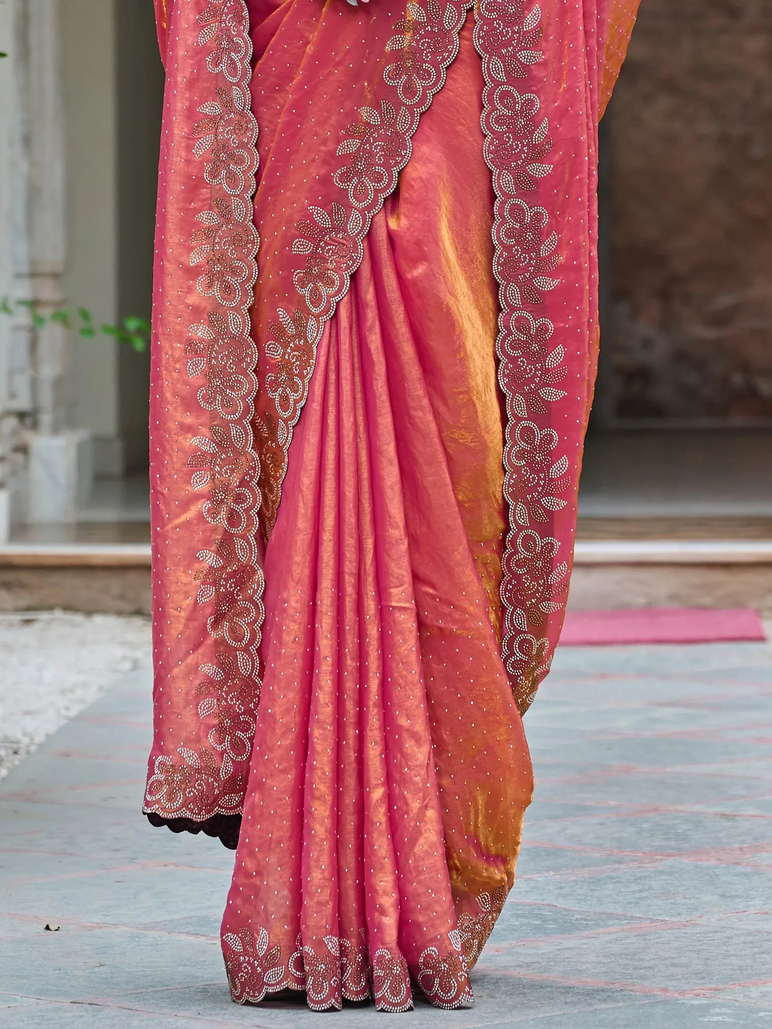 Pink and gold embroidered saree with floral beadwork, perfect for Indian ethnic occasions