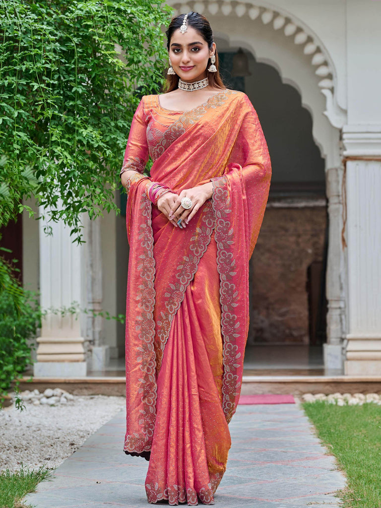 Gorgeous Orange Silk Diamond Work Wedding Wear Saree With Blouse