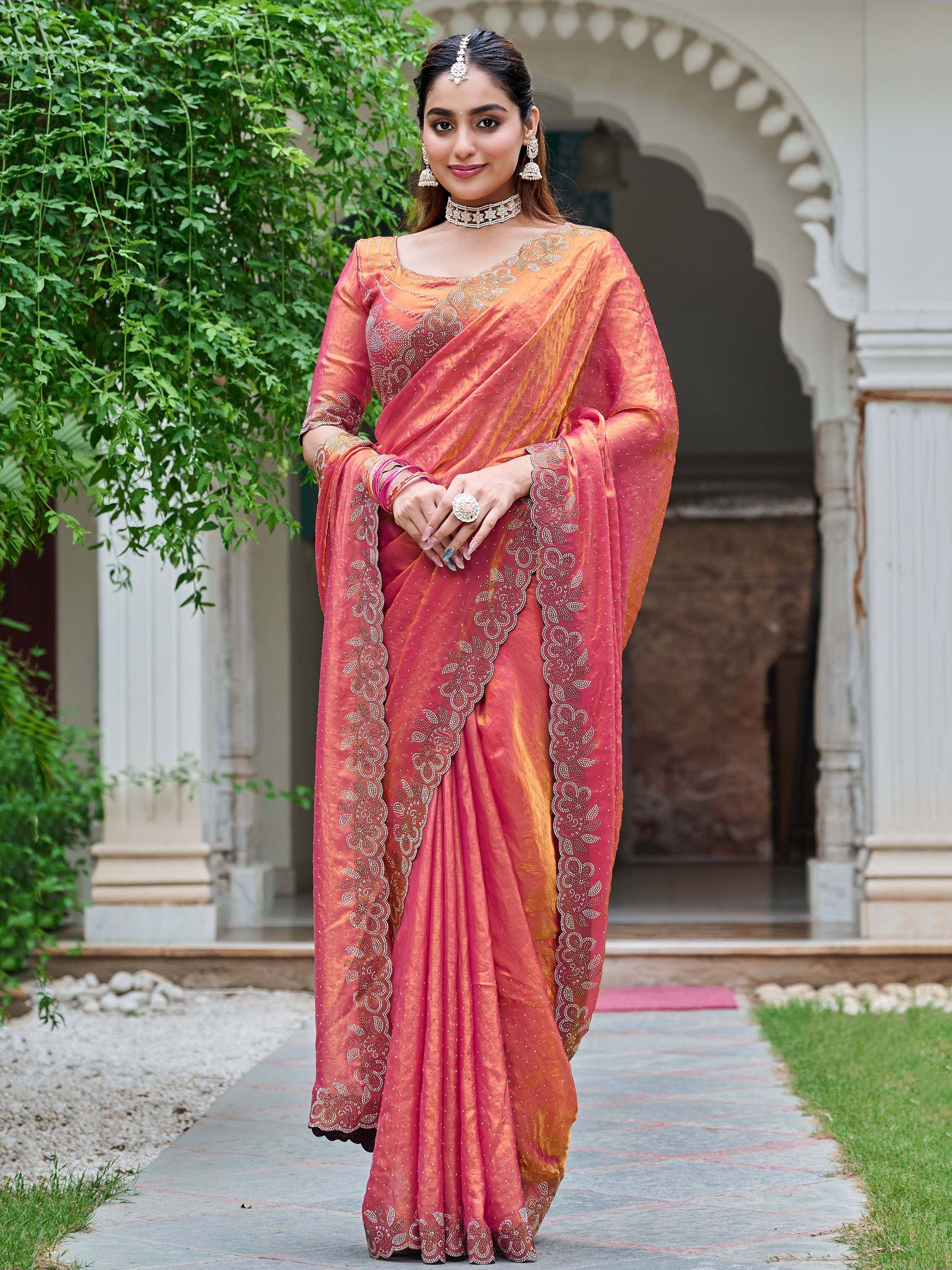 Pink and orange designer saree with gold embroidery, perfect for Indian ethnic wear occasions