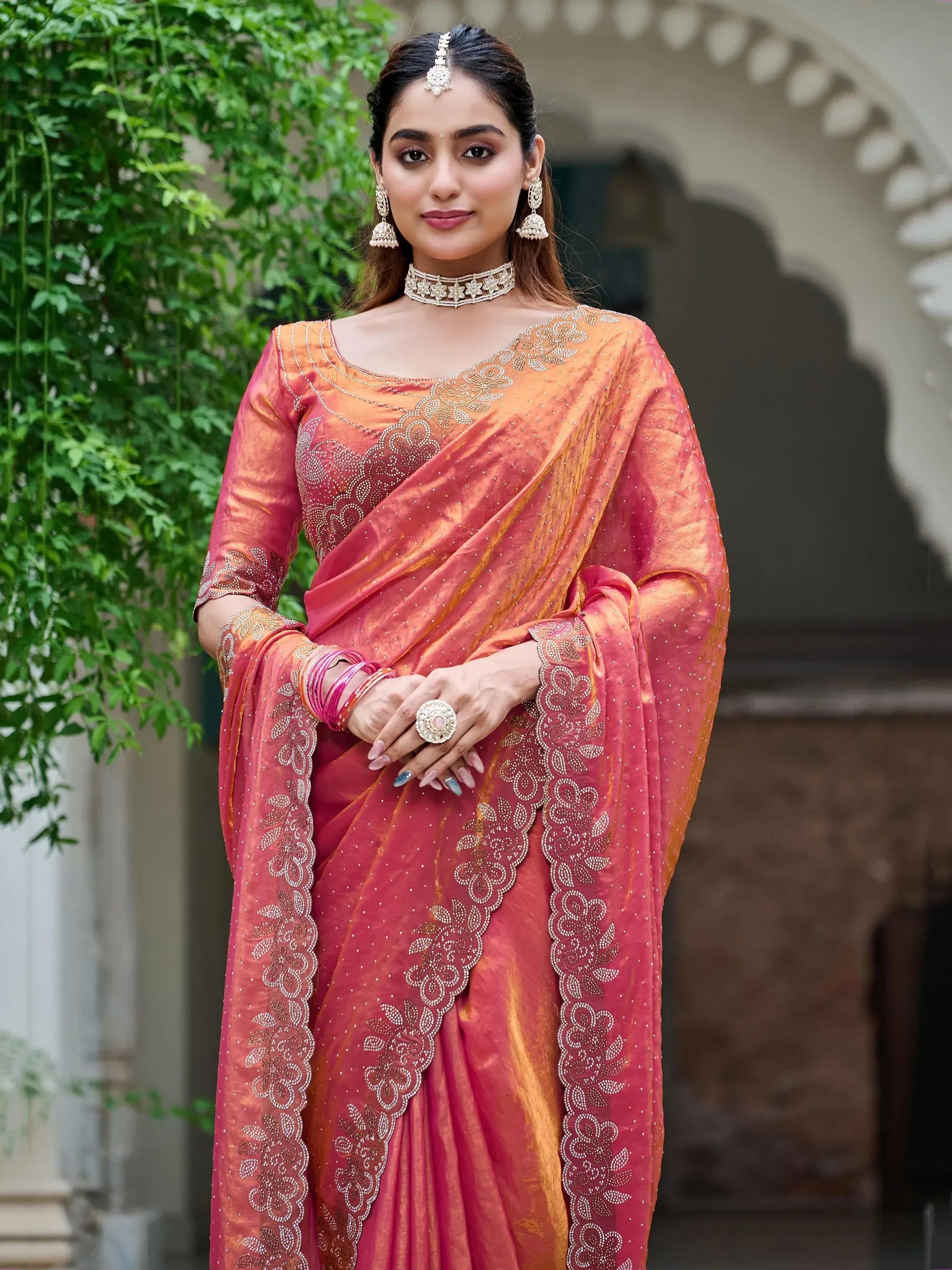 Pink and orange embroidered saree with designer blouse, perfect for Indian ethnic occasions