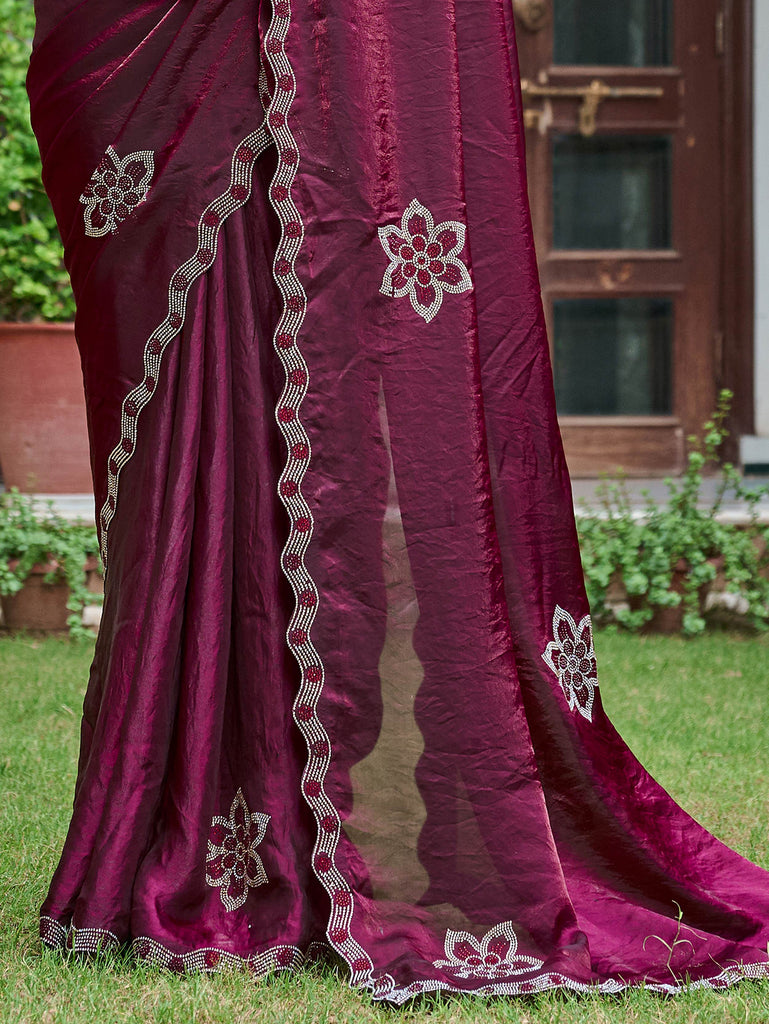 Impressive Wine Stone Work Silk Function Wear Saree With Blouse