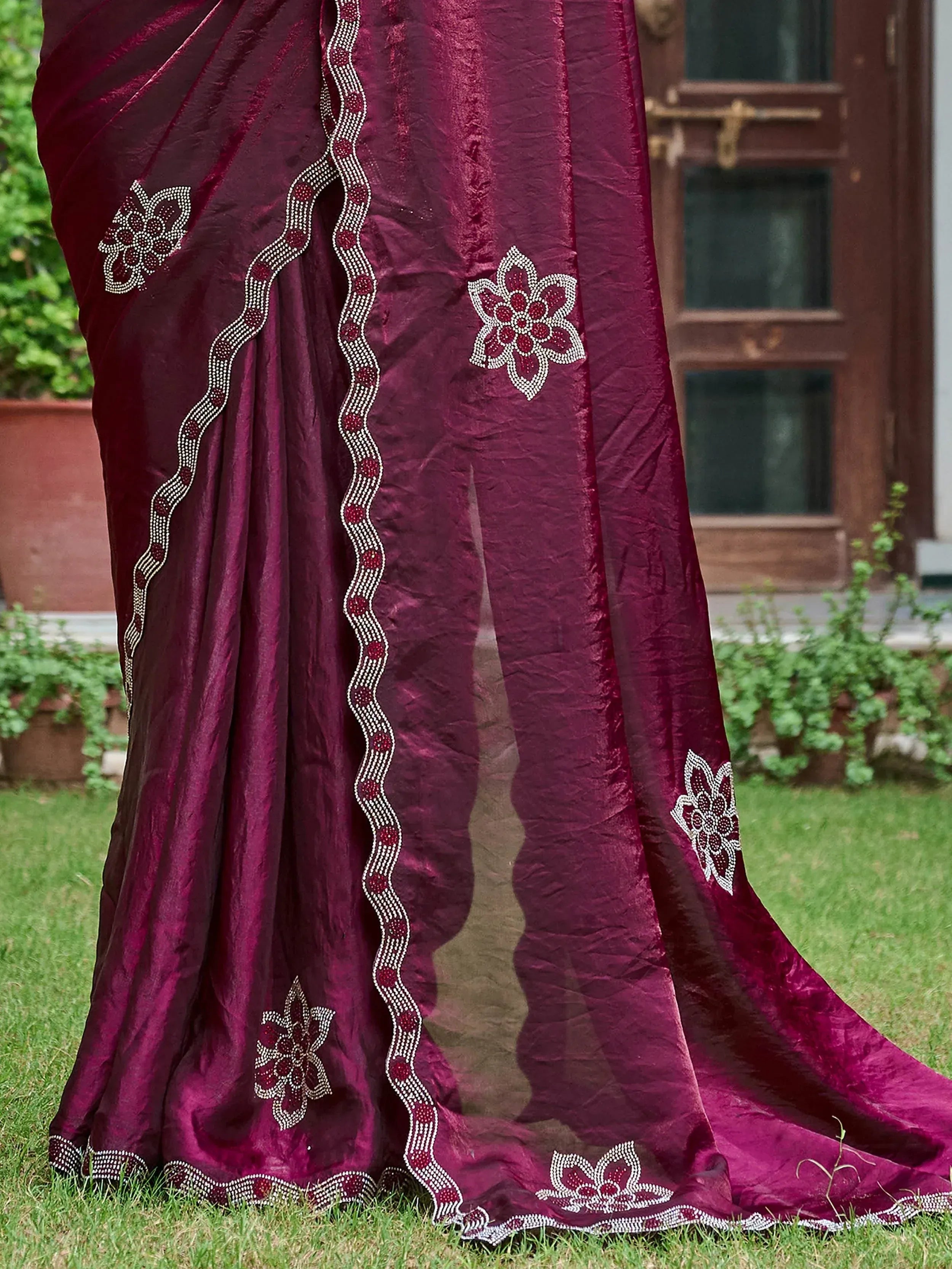 Burgundy saree with floral beadwork, perfect for Indian ethnic wear occasions