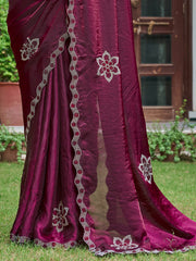 Impressive Wine Stone Work Silk Function Wear Saree With Blouse