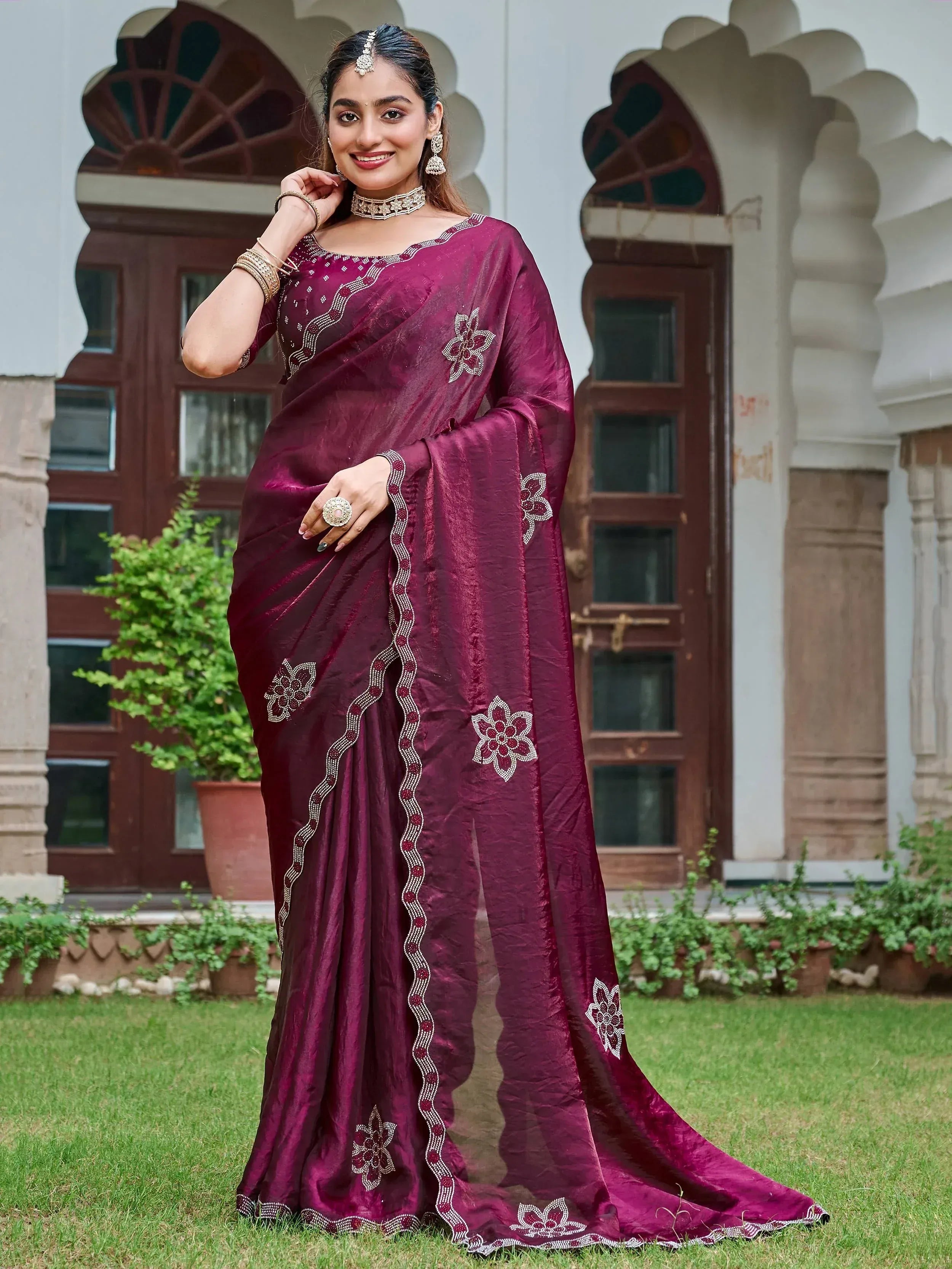 Elegant maroon saree with floral embroidery and beadwork, perfect for Indian ethnic wear occasions