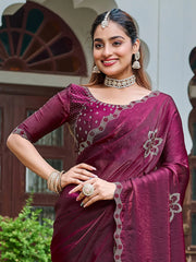 Impressive Wine Stone Work Silk Function Wear Saree With Blouse