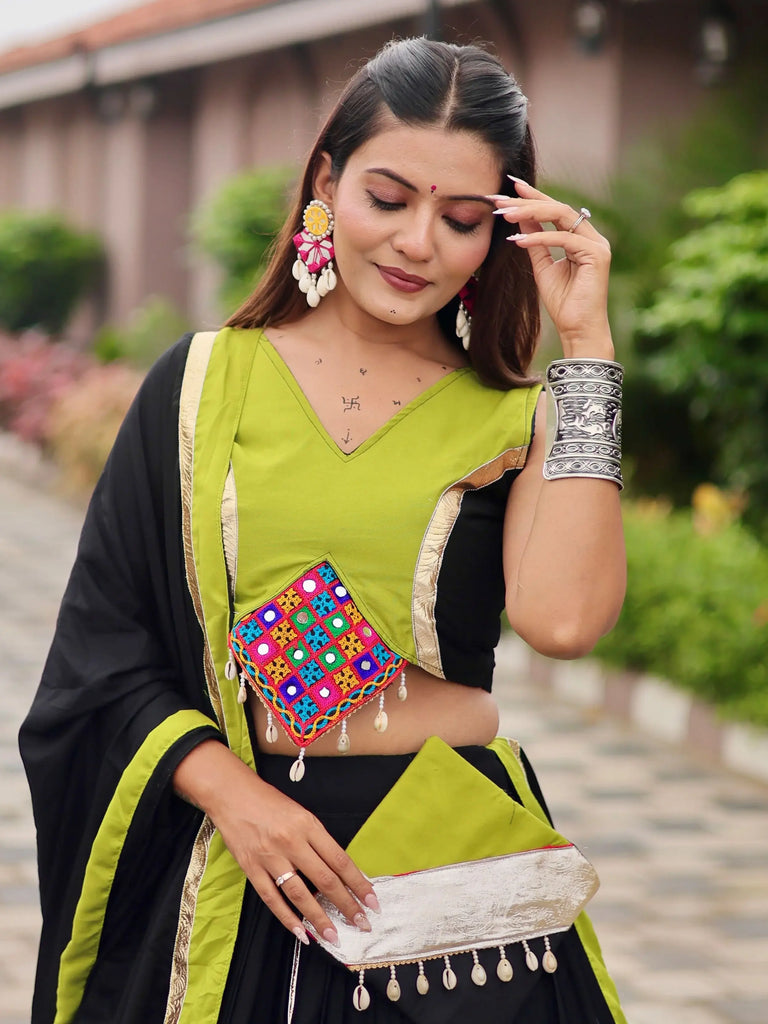 Fantastic Black Cotton Gamthi Work Navratri Wear Lehenga Choli