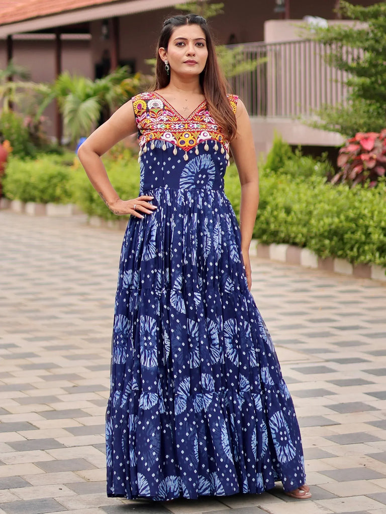 Blue ethnic gown with colorful embroidery and tie-dye print, perfect for Indian occasions
