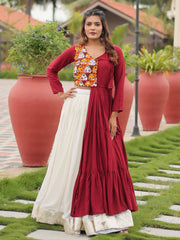 Precious Red Cotton Gamthi Work Navratri Wear Crop Top Lehenga