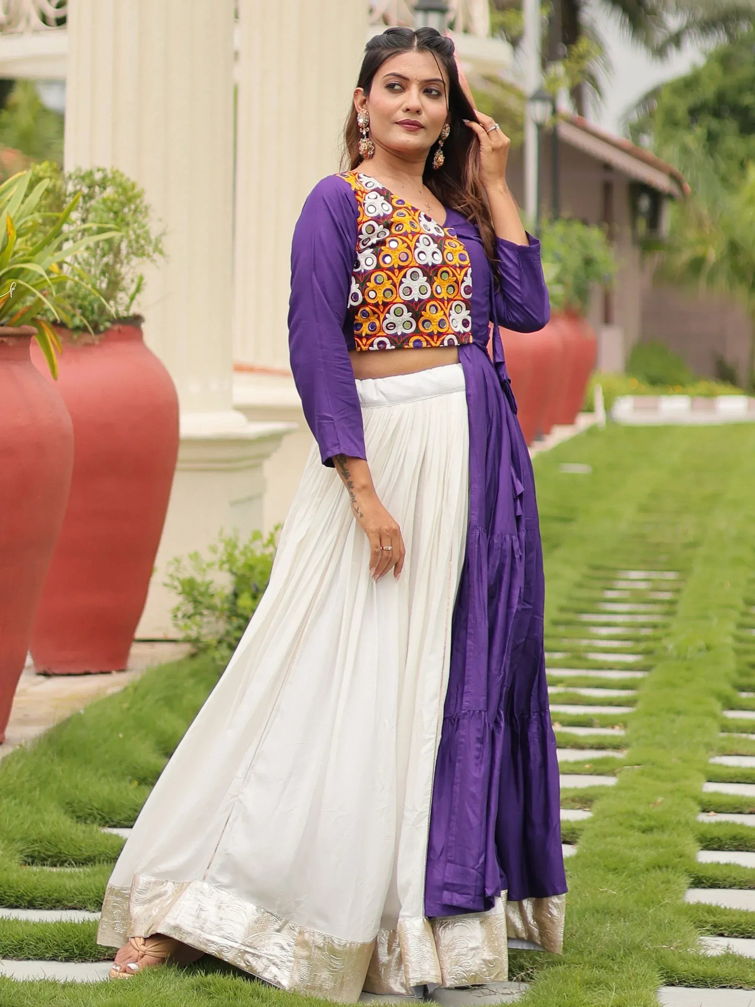Purple embroidered crop top with white pleated skirt, Indian ethnic wear for women