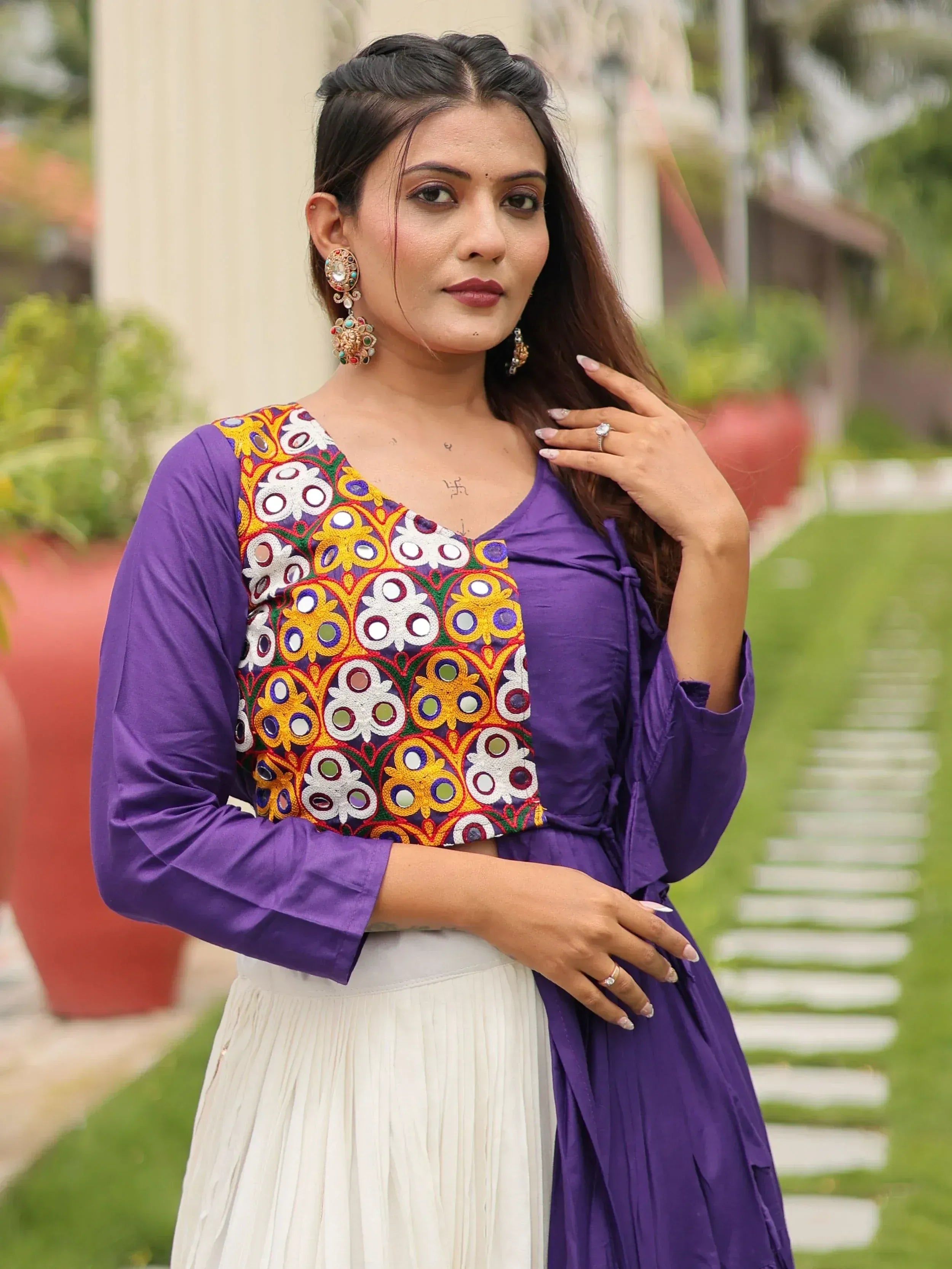Purple embroidered kurta with mirror work paired with white palazzo, Indian ethnic wear