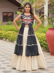 Chic Black Gamthi Work Festival Wear High Slit Kurti With Lehenga