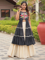 Chic Black Gamthi Work Festival Wear High Slit Kurti With Lehenga