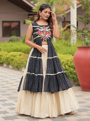 Chic Black Gamthi Work Festival Wear High Slit Kurti With Lehenga