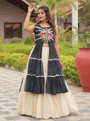 Chic Black Gamthi Work Festival Wear High Slit Kurti With Lehenga