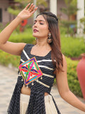 Chic Black Gamthi Work Festival Wear High Slit Kurti With Lehenga
