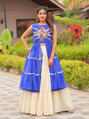 Gorgeous Blue Lace Work Cotton Lehenga With Long Slitted Kurti