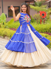 Gorgeous Blue Lace Work Cotton Lehenga With Long Slitted Kurti