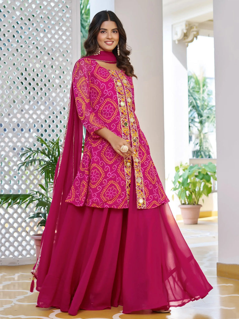 Glamorous Pink Embroidered Georgette Function Wear Palazzo Suit