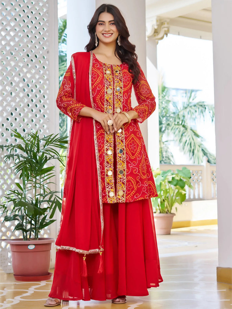 Awesome Red Embroidered Georgette Function Wear Palazzo Suit