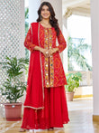Awesome Red Embroidered Georgette Function Wear Palazzo Suit