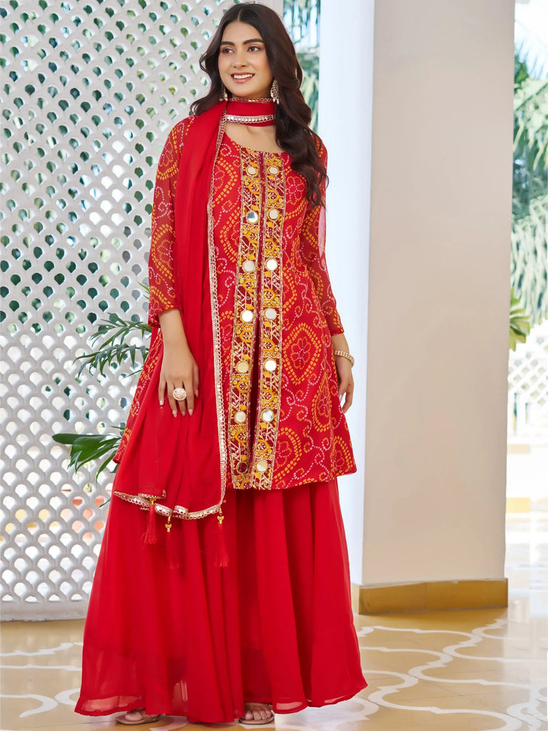 Awesome Red Embroidered Georgette Function Wear Palazzo Suit