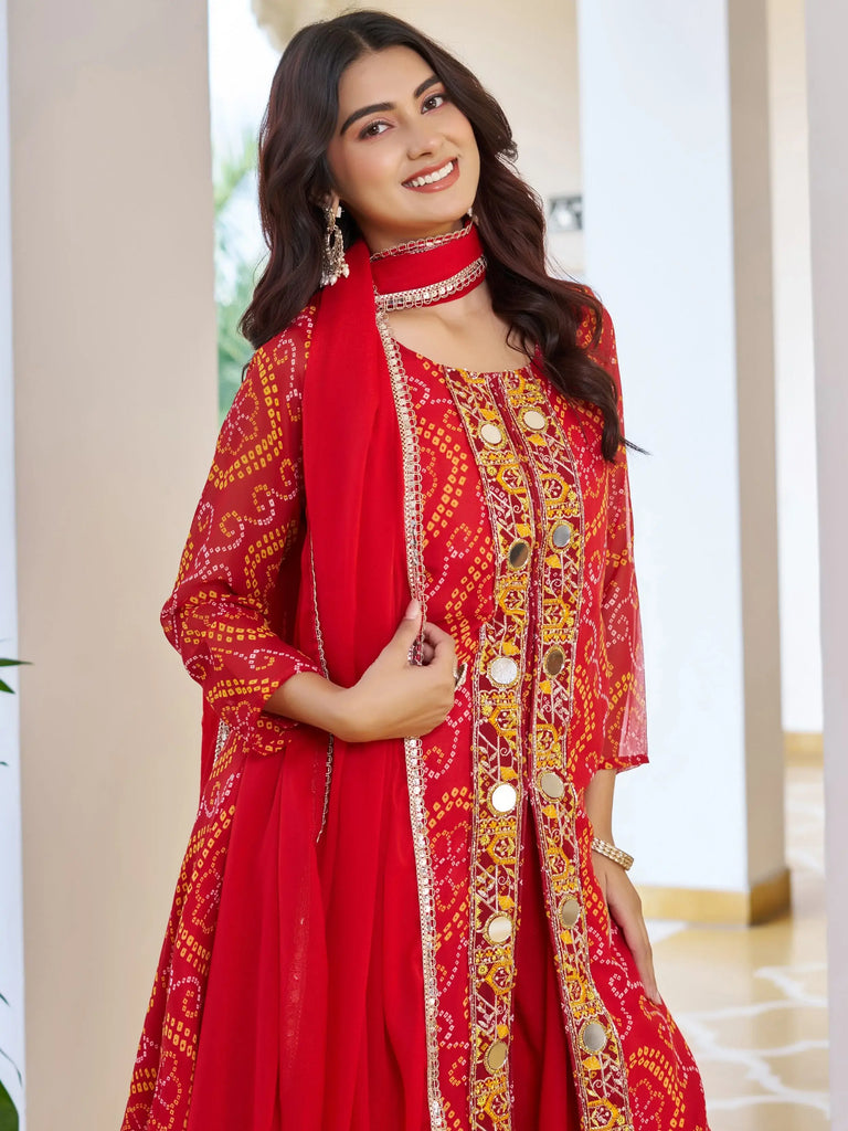 Awesome Red Embroidered Georgette Function Wear Palazzo Suit