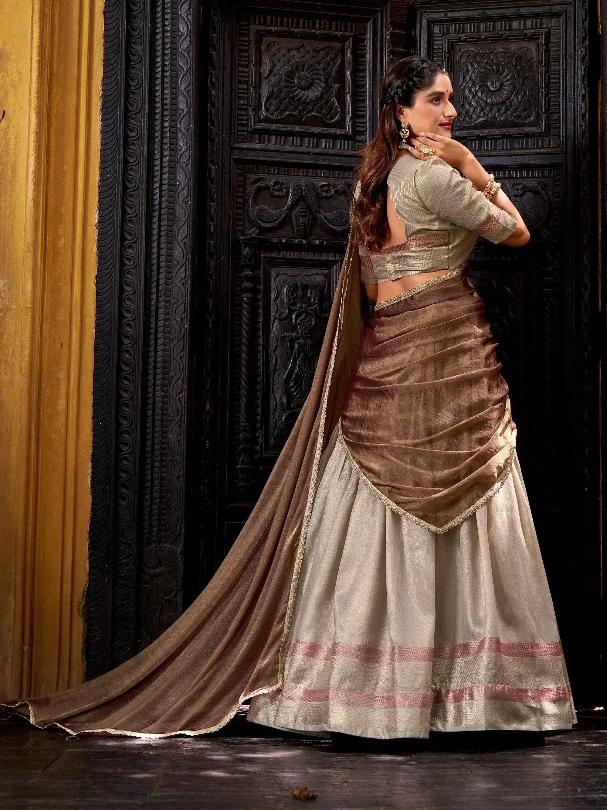 Glamorous Cream Zari Weaving Silk Half Saree Lehenga Choli