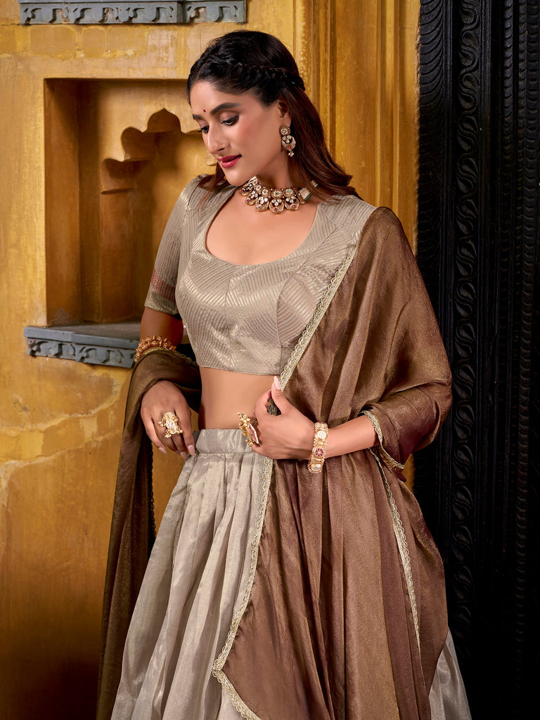 Glamorous Cream Zari Weaving Silk Half Saree Lehenga Choli